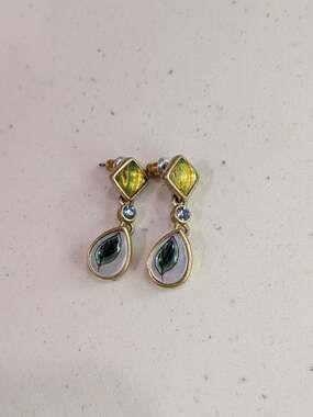 Vintage Gold Tone Leaf Motif Dangle Earrings Yellow Blue Rhinestone Faux Mother